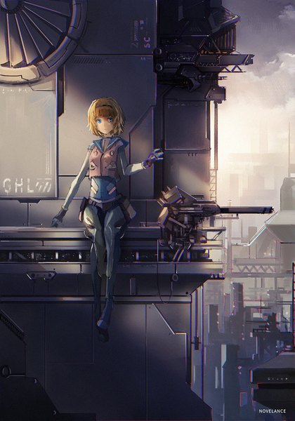 Anime picture 750x1072 with heavy object j.c. staff milinda brantini novelance single tall image short hair blue eyes blonde hair sitting signed looking away cloud (clouds) bent knee (knees) outdoors blunt bangs sunlight inscription city cityscape