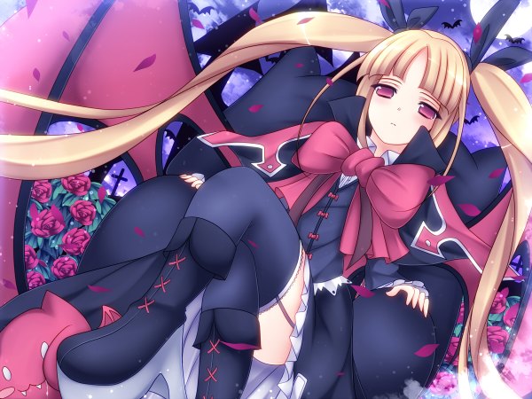 Anime picture 1200x900 with blazblue rachel alucard mikan (5555) long hair blonde hair red eyes twintails loli girl thighhighs flower (flowers) bow black thighhighs petals rose (roses) moon red rose bat