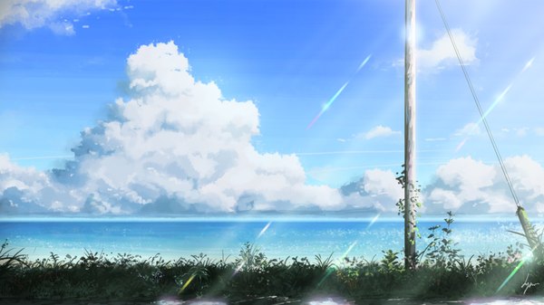 Anime picture 1920x1080 with original niko p highres wide image signed sky cloud (clouds) sunlight horizon no people landscape scenic plant (plants) grass pole