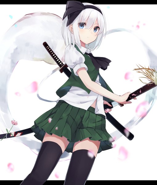 Anime picture 1359x1600 with touhou konpaku youmu myon huuyu single tall image looking at viewer fringe short hair blue eyes white background white hair pleated skirt wind from below girl thighhighs skirt ribbon (ribbons) weapon