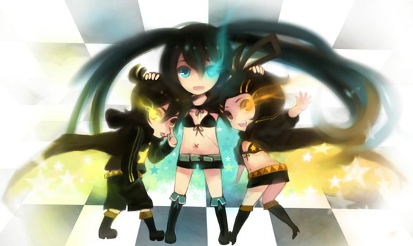 Anime picture 1364x813 with black rock shooter vocaloid kagamine rin kagamine len black rock shooter (character) wide image twintails girl seashell