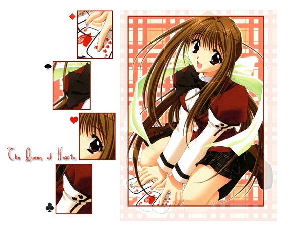 Anime picture 1024x768 with kakyuusei 2 kakyuusei saimon tamaki kadoi aya long hair looking at viewer open mouth smile red eyes brown hair sitting plaid skirt multiview third-party edit girl skirt socks knee socks card (cards)