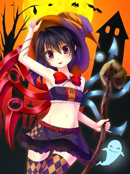 Anime picture 900x1200 with touhou houjuu nue bug (artist) single long hair tall image blush breasts black hair red eyes midriff flat chest halloween :p ghost rhombus girl thighhighs navel miniskirt