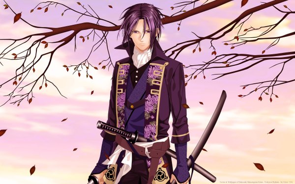 Anime picture 2560x1600 with hakuouki shinsengumi kitan studio deen hijikata toshizou (hakuouki) single looking at viewer highres wide image purple eyes purple hair boy uniform weapon petals sword katana military uniform branch