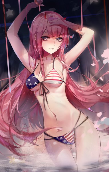 Anime picture 1200x1880 with darling in the franxx studio trigger zero two (darling in the franxx) rabbit (tukenitian) single long hair tall image looking at viewer blush fringe breasts light erotic standing pink hair cleavage parted lips arm up horn (horns) grey eyes thigh gap
