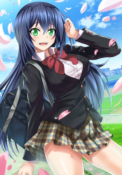 Anime picture 2800x4000 with original ayuzawa ayumi nez-kun (nezkunn) single long hair tall image looking at viewer blush fringe highres breasts open mouth hair between eyes large breasts green eyes blue hair sky cloud (clouds) pleated skirt arm up