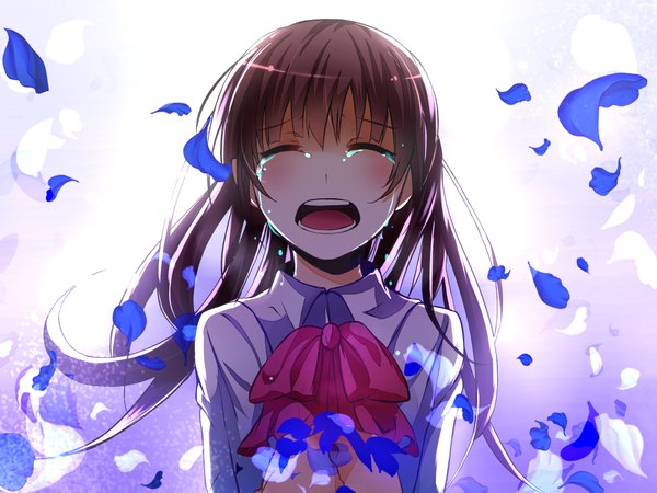 Anime picture 2000x1500 with ib (game) ib (ib) qitoli single long hair blush highres open mouth brown hair eyes closed tears crying girl petals