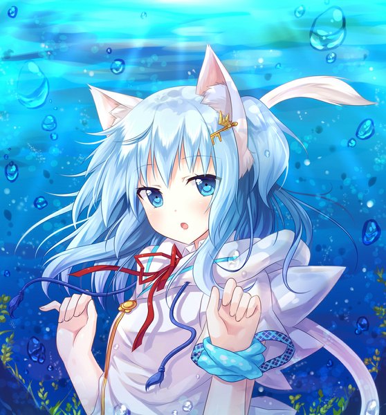 Anime picture 1075x1156 with original mint (yano mitsuki) yano mitsuki single long hair tall image looking at viewer blush open mouth blue eyes animal ears blue hair cat ears underwater wrist scrunchie girl hair ornament bubble (bubbles) scrunchie hair tie