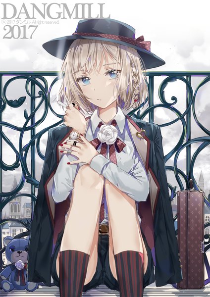 Anime picture 800x1132 with original dangmill single tall image looking at viewer fringe short hair blue eyes blonde hair sitting signed braid (braids) nail polish side braid smoke clothes on shoulders red nail polish 2017 girl hat