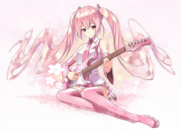 Anime picture 1100x795 with vocaloid hatsune miku sakura miku fame peera single long hair blush simple background smile white background sitting twintails looking away pink hair long sleeves pink eyes thighhighs skirt hair ornament flower (flowers)