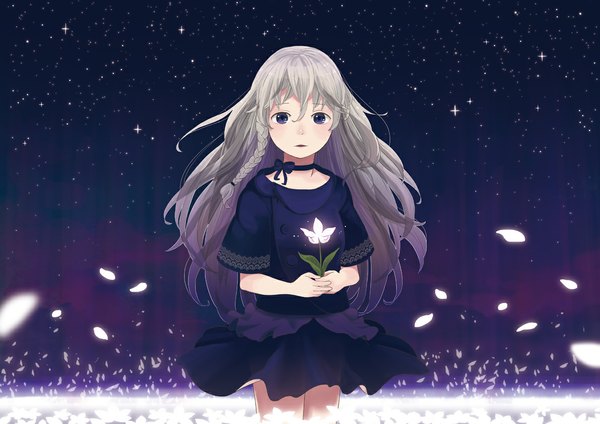 Anime picture 1190x842 with original sheep sleep single long hair looking at viewer purple eyes braid (braids) grey hair night girl dress flower (flowers) petals star (stars)