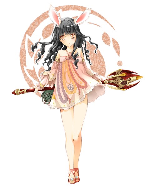 Anime picture 1219x1500 with tera online shizakiasuka (artist) single long hair tall image blush black hair white background brown eyes animal ears looking away girl dress detached sleeves staff