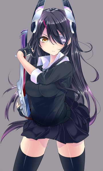 Anime picture 700x1166 with kantai collection tenryuu light cruiser haruta (806060) single long hair tall image looking at viewer blush simple background yellow eyes purple hair grey background alternate hairstyle alternate hair length girl thighhighs skirt gloves weapon black thighhighs