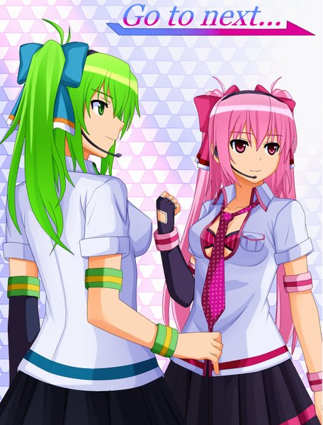 Anime picture 1070x1408 with kenken long hair tall image smile multiple girls green eyes pink hair pink eyes green hair girl 2 girls necktie