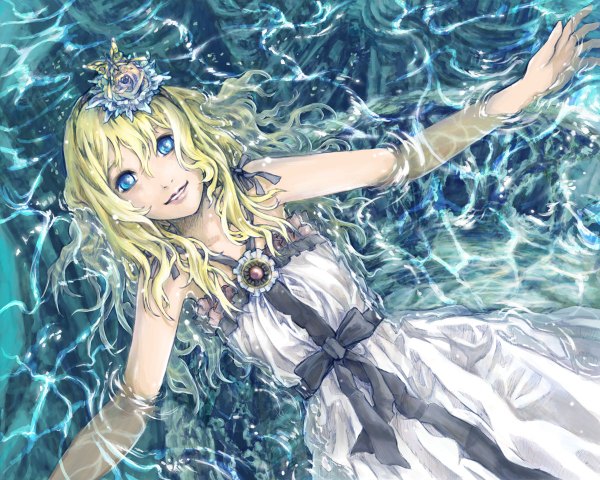 Anime picture 1200x960 with original komai haruki single long hair looking at viewer open mouth blue eyes blonde hair smile hair flower girl dress hair ornament flower (flowers) bow water white dress insect butterfly headband