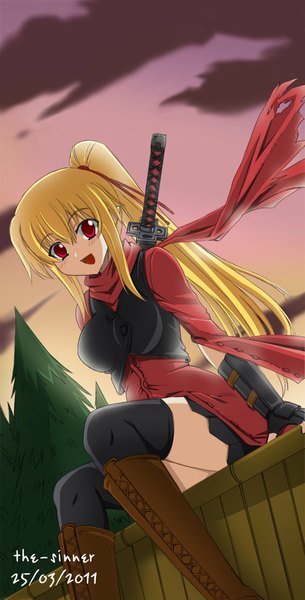 Anime picture 566x1110 with the-sinner single long hair tall image blush open mouth blonde hair smile red eyes sky cloud (clouds) ponytail girl thighhighs gloves weapon black thighhighs plant (plants) sword tree (trees)