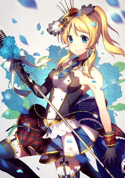 Anime picture 700x991 with love live! school idol project love live! school idol festival sunrise (studio) love live! ayase eli rosuuri single long hair tall image looking at viewer blue eyes blonde hair smile bare shoulders signed payot ponytail grey background treble clef girl