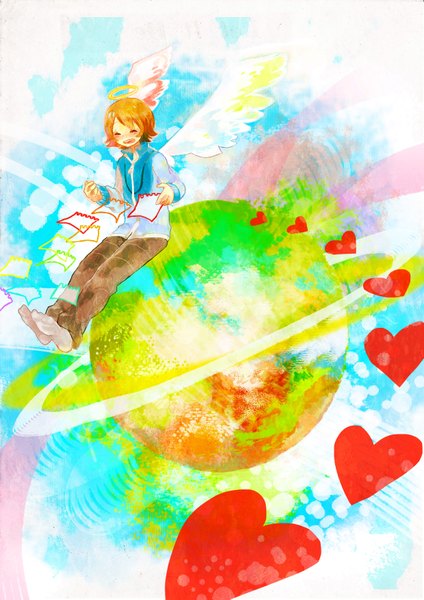 Anime picture 2480x3507 with pokemon pokemon black and white nintendo hilbert (pokemon) single tall image blush highres short hair open mouth smile brown hair sitting eyes closed no shoes happy angel wings boy wings heart