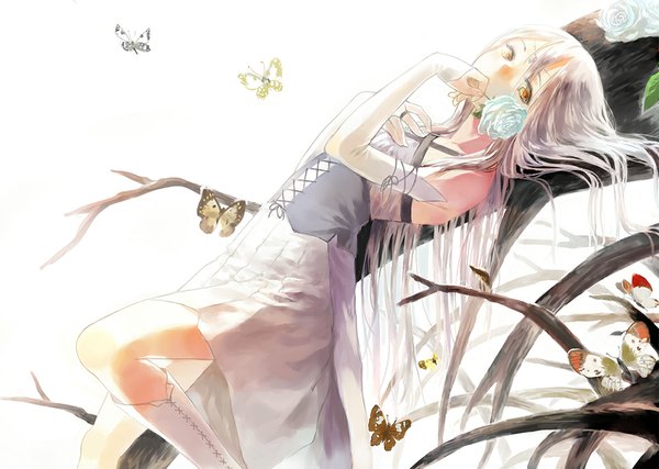 Anime picture 1000x713 with original moekon single long hair looking at viewer simple background white background white hair lying on back girl dress flower (flowers) detached sleeves boots rose (roses) insect butterfly branch
