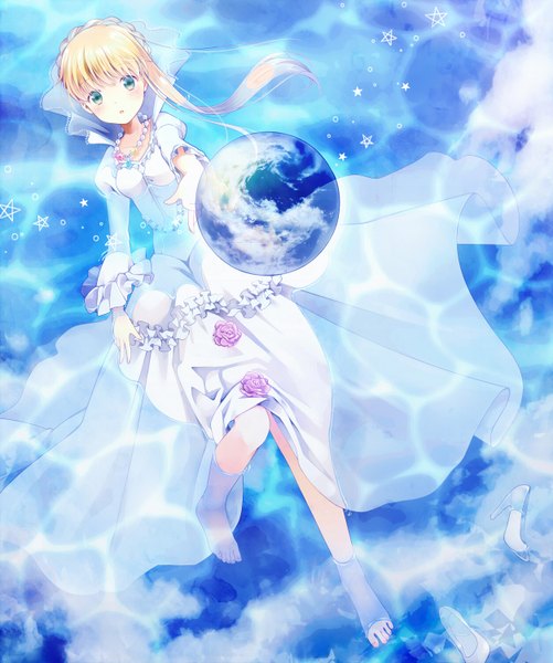 Anime picture 1253x1500 with aldnoah.zero a-1 pictures asseylum vers allusia edamame 888 single long hair tall image looking at viewer blush open mouth blue eyes blonde hair barefoot girl dress water beads planet earth
