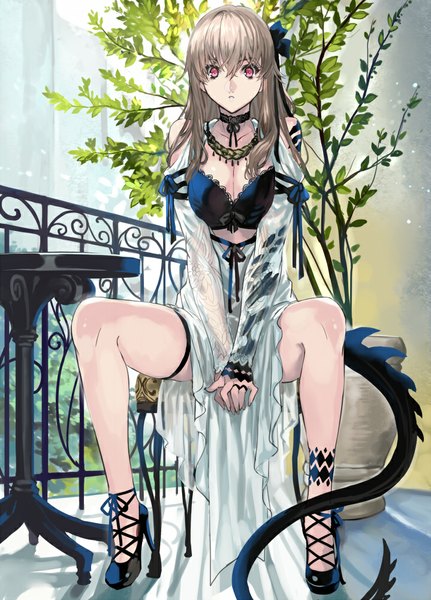Anime picture 719x1000 with original ranou single long hair tall image looking at viewer brown hair sitting tail pink eyes dragon tail girl dress plant (plants)