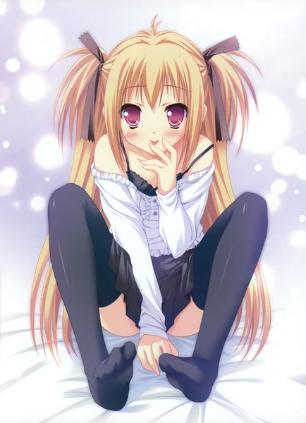 Anime picture 2440x3370 with moekibara fumitake single long hair tall image blush highres blonde hair red eyes bare shoulders girl thighhighs skirt black thighhighs miniskirt
