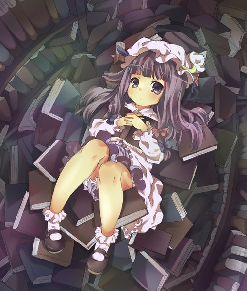 Anime picture 1166x1375 with touhou patchouli knowledge long hair tall image fringe sitting purple hair loli crescent girl dress bow socks boots book (books) white socks short dress bonnet