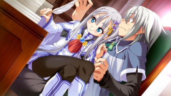 Anime picture 1024x576 with taiyou no promia kodama (taiyou no promia) rinowahl long hair short hair blue eyes wide image game cg grey hair loli girl boy