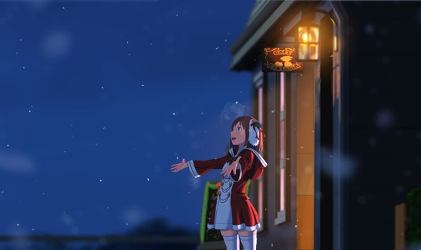 Anime picture 1900x1132 with original cojibou single long hair blush highres blue eyes brown hair wide image looking away sky night depth of field snowing christmas spread arms winter snow exhalation girl