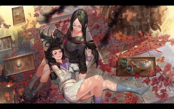 Anime picture 1440x900 with original karasu-san (syh3iua83) long hair looking at viewer black hair red eyes sitting multiple girls lying very long hair from above wallpaper no shoes letterboxed autumn lap pillow girl skirt uniform 2 girls