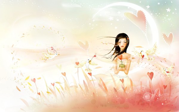 Anime picture 1920x1200 with tagme (artist) highres brown hair wide image wallpaper girl flower (flowers) plant (plants) animal heart bird (birds)