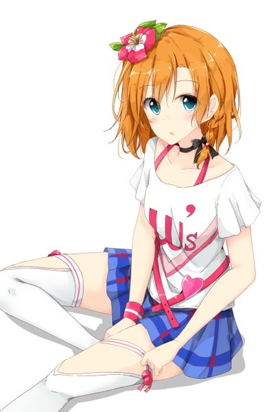 Anime picture 857x1260 with love live! school idol project sunrise (studio) love live! kousaka honoka kurottari single tall image looking at viewer blush fringe short hair blue eyes simple background hair between eyes white background sitting bent knee (knees) braid (braids) pleated skirt hair flower