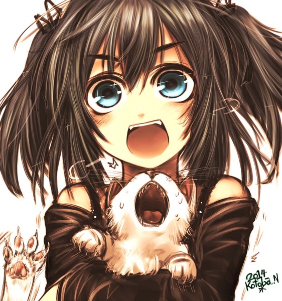 Anime picture 2000x2136 with original kotoba noriaki long hair tall image looking at viewer blush fringe highres open mouth blue eyes simple background brown hair white background twintails bare shoulders animal ears cat ears teeth fang (fangs) close-up