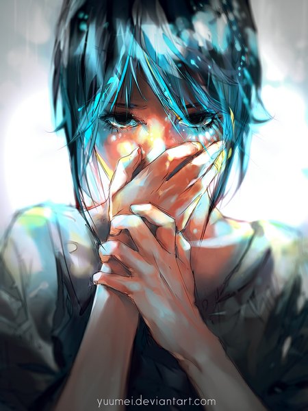 Anime picture 750x1000 with original yuumei single tall image looking at viewer short hair blue hair aqua hair holding hands face covering glow girl