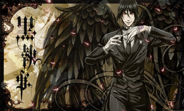 Anime picture 1280x775 with kuroshitsuji a-1 pictures sebastian michaelis single short hair black hair smile red eyes wide image magic butler boy gloves petals wings necktie chain suit magic circle