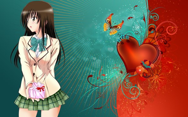 Anime picture 1920x1200 with toloveru xebec kotegawa yui long hair highres brown hair wide image brown eyes valentine girl serafuku heart insect butterfly gift