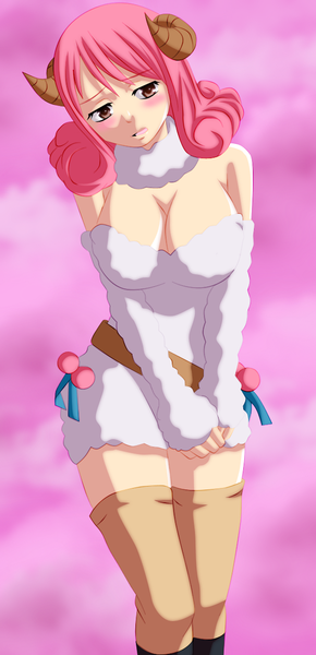 Anime picture 590x1220 with fairy tail aries (fairy tail) fabiansm single long hair tall image blush open mouth light erotic brown eyes pink hair horn (horns) coloring drill hair girl thighhighs detached sleeves