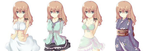 Anime picture 4251x1500 with original kuroneko-w-b long hair looking at viewer highres simple background brown hair wide image white background multiple girls green eyes braid (braids) japanese clothes multiple persona girl dress swimsuit bikini kimono obi