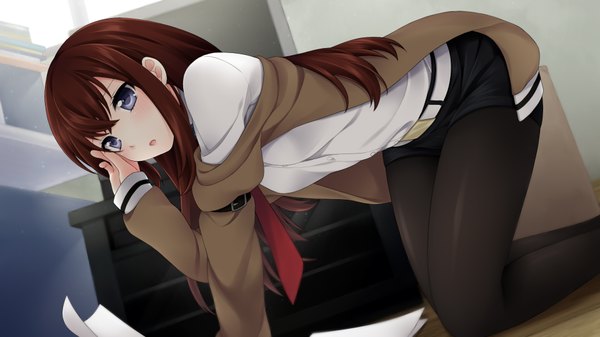 Anime picture 1920x1080 with steins;gate white fox makise kurisu etou (cherry7) single long hair blush highres blue eyes brown hair wide image girl shorts coat