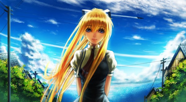 Anime picture 1587x874 with air key (studio) kamio misuzu zi ye (hbptcsg2) single long hair looking at viewer blue eyes blonde hair wide image sky cloud (clouds) ponytail girl uniform ribbon (ribbons) plant (plants) hair ribbon school uniform tree (trees)