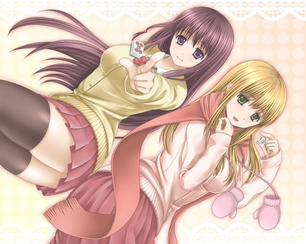 Anime picture 1280x1024 with saki matsumi kuro matsumi yuu ketsuhoukai long hair light erotic black hair blonde hair purple eyes multiple girls green eyes girl thighhighs skirt uniform black thighhighs 2 girls school uniform miniskirt scarf