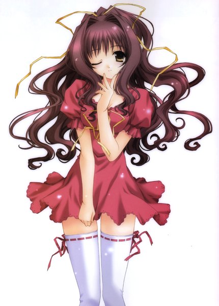 Anime picture 2506x3500 with kimizuka aoi single long hair tall image looking at viewer highres simple background brown hair white background brown eyes one eye closed scan hand to mouth curly hair girl thighhighs dress ribbon (ribbons) hair ribbon white thighhighs