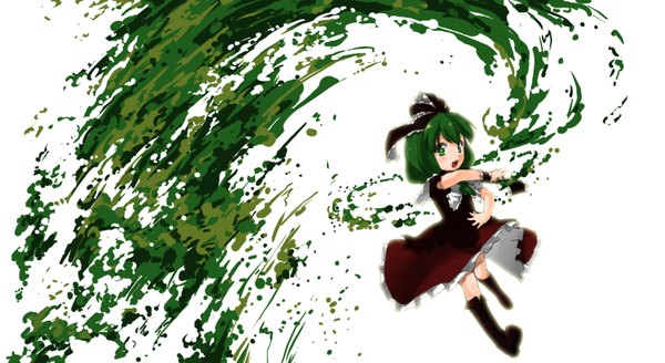 Anime picture 1600x875 with touhou kagiyama hina sankyaku tako takotsu single long hair open mouth wide image green eyes full body green hair loli painting girl bow paint