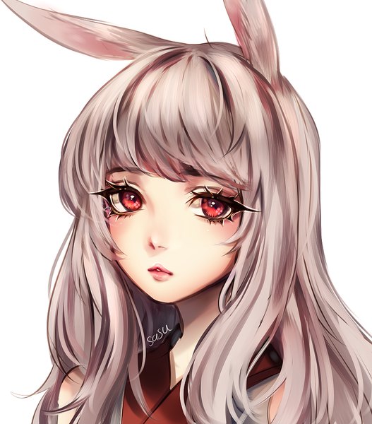 Anime picture 913x1039 with original sasucchi95 single long hair tall image looking at viewer blush fringe simple background red eyes white background signed animal ears traditional clothes parted lips lips grey hair bunny ears sleeveless portrait