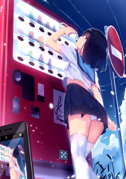 Anime picture 992x1403 with original yan (nicknikg) single tall image looking at viewer short hair light erotic black hair standing purple eyes sky cloud (clouds) outdoors pleated skirt looking back from behind from below pantyshot drinking girl