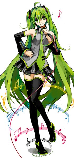 Anime picture 600x1274 with vocaloid hatsune miku shuhaoqian single tall image simple background smile white background twintails bare shoulders green eyes signed ahoge very long hair green hair hand on hip girl detached sleeves thigh boots microphone