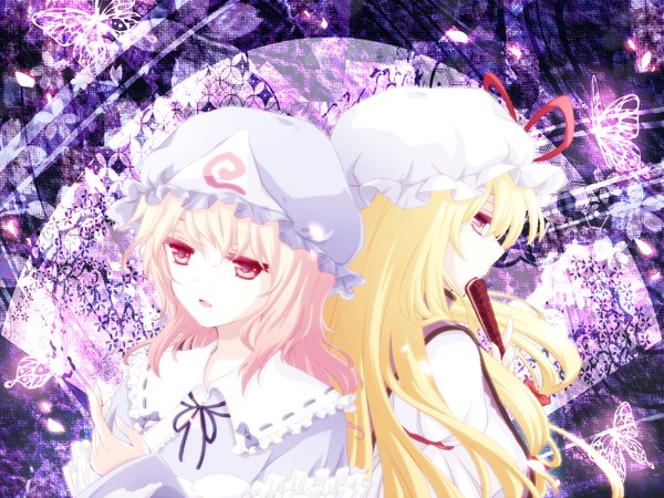 Anime picture 1024x768 with touhou yakumo yukari saigyouji yuyuko kai aki (artist) long hair short hair blonde hair purple hair girl hat