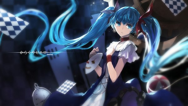 Anime picture 1134x638 with vocaloid hatsune miku swd3e2 single looking at viewer wide image twintails very long hair aqua eyes aqua hair dark background girl dress mask clock card (cards) pocket watch gears