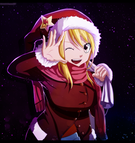 Anime picture 1023x1083 with fairy tail lucy heartfilia minatosama207 single long hair tall image open mouth blonde hair smile brown eyes one eye closed wink fur trim coloring christmas girl scarf star (symbol) fur star (stars)