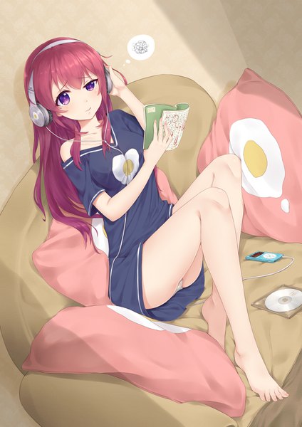 Anime picture 2480x3507 with girlish number ipod karasuma chitose (giarlish number) neps-l single long hair tall image looking at viewer blush fringe highres light erotic red eyes holding purple hair indoors barefoot from above bare legs pantyshot